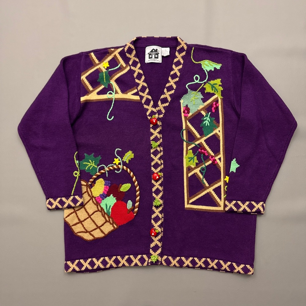 Vintage Storybook Knits Apples Grannycore Cardigan Sweater Large